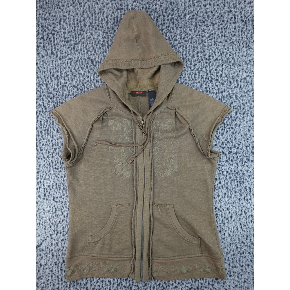 DKNY Active Sleeveless Hoodie Womens Medium Brown Floral Embroidered Zip Up